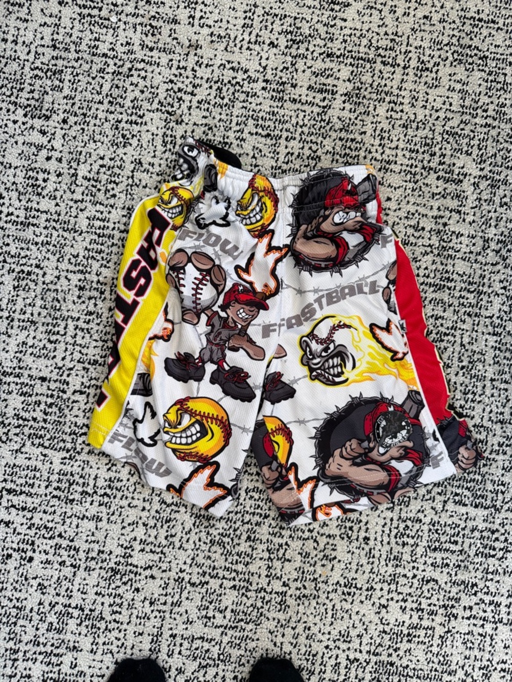 Boys White Graphic Baseball Shorts with Yellow & Red Accents